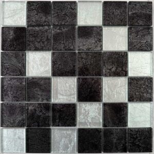 Oriente silver glass square mosaic tile sheets with a metallic foil effect in black and silver, sheet size 30x30cm