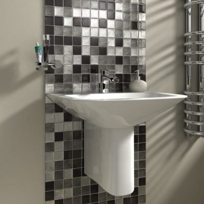 Oriente silver mosaic tile in bathroom setting