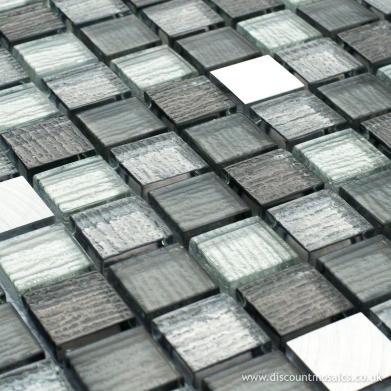 Eclipse silver metallic mosaic tile sheet in 30x30cm with metal mosaic pieces.