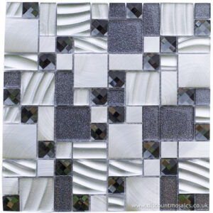 Fusion silver modular mosaic tiles with a mix of glass and metal mosaics. Glitter black mosaic and metallic silver included.