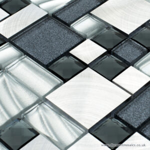 Fusion silver modular mosaic tiles with a mix of glass and metal mosaics. Glitter black mosaic and metallic silver included.