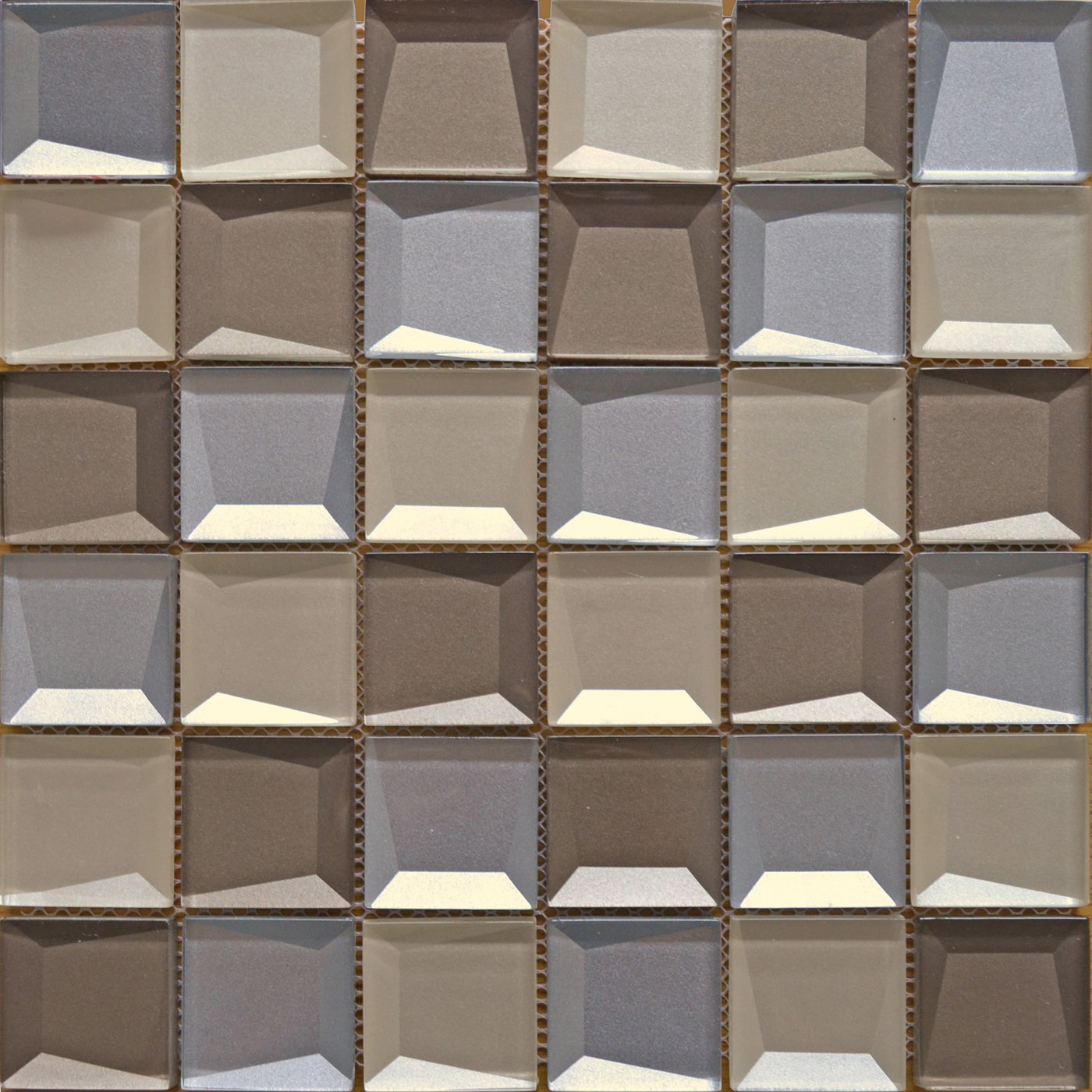 Abstract beige square glass 3d effect mosaic tile sheet 30x30cm.