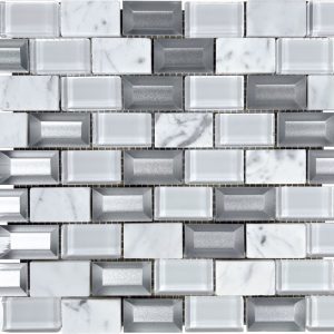 Pavillion white glass and carrara brick with a 3d effect mosaic tile sheets 30x30cm, product code is PAVW