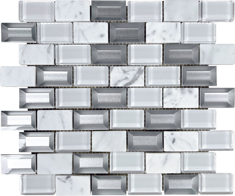 Pavillion white glass and carrara brick with a 3d effect mosaic tile sheets 30x30cm, product code is PAVW